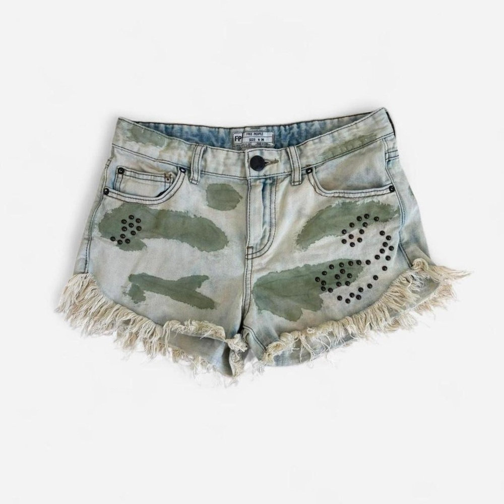 Free People Camo Studded Fringe Shorts